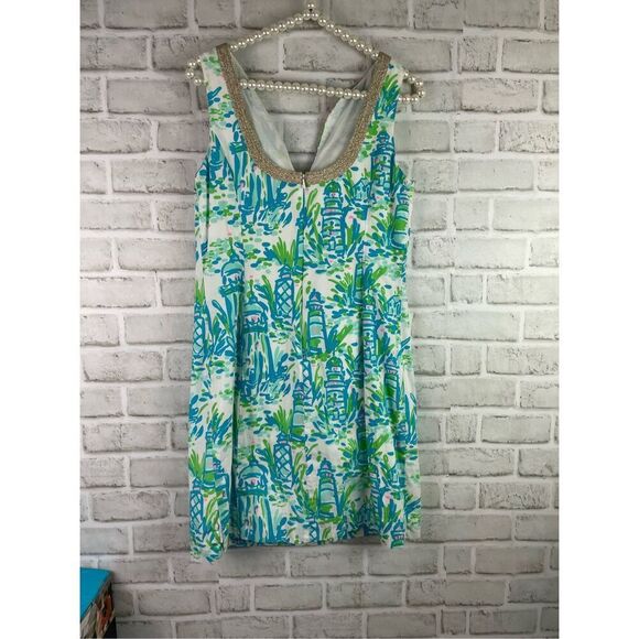 Lilly Pulitzer Janice Shift Dress High Beam Lighthouses Gold Metallic Trim Size - Picture 2 of 10
